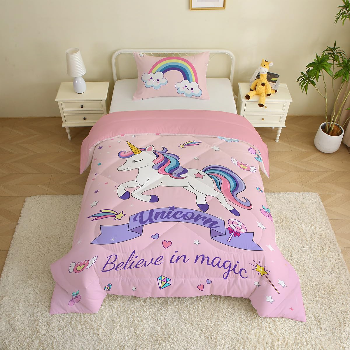 MUSOLEI Unicorn Toddler Duvet Cot Bed Coverless Duvet Girls Comforter Cot for All Seasons Pink 3D Patterns 120x150 with 40x60 pillowcase
