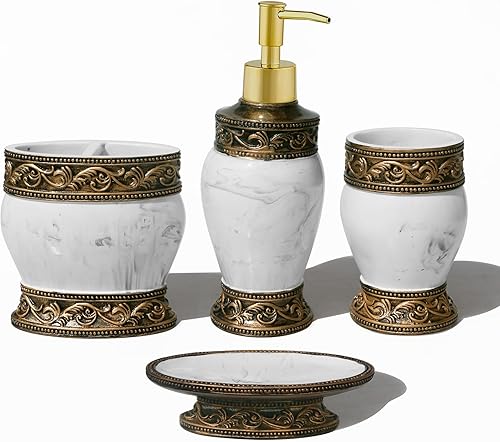 Juego de accesorios de decoración de baño, 4 piezas, incluye dispensador de jabón, soporte para cepillo de dientes, vaso y jabonera, color blanco