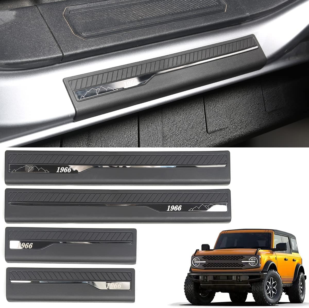 Car Door Sill Guards for Ford Bronco 4 Door 2021 2022 2023 2024 ABS Door Edge Entry Guard Door Sill Protectors Scuff Plate Threshold Protection with 1966 Pattern for Ford Bronco Accessories