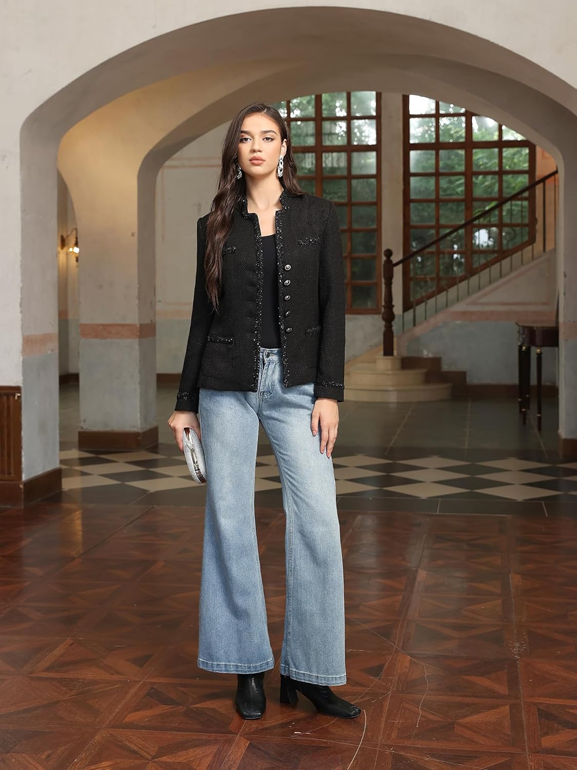 M.Infisavo Womens Stand Notch Lapel Suit Jacket Long Sleeve Fully Lined Open Front Dressy Tweed Blazer Outfits - Image 5