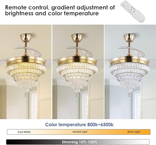 Miniatura 10 de CLAIRDAI Ventilador de techo retráctil de 42 pulgadas, ventilador de techo de cristal con luz regulable, ventilador de techo invisible de 6