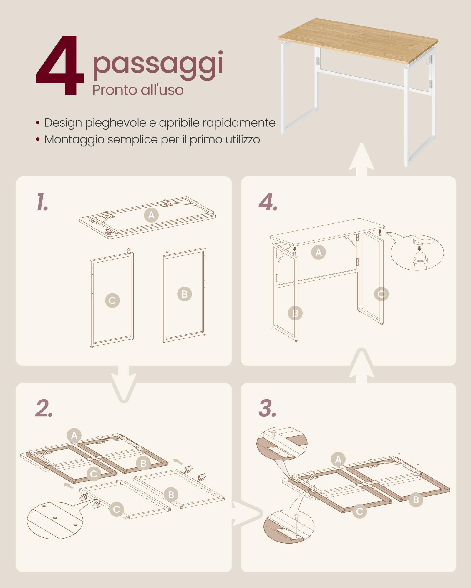 VASAGLE Scrivania per Computer Pieghevole, Piano in Unico Pezzo, Angoli Arrotondati, Tavolo da Ufficio, Camera da Letto Balcone Campeggio, Facile da Montare, 100 x 50 cm, Rovere Naturale LWD152YD01