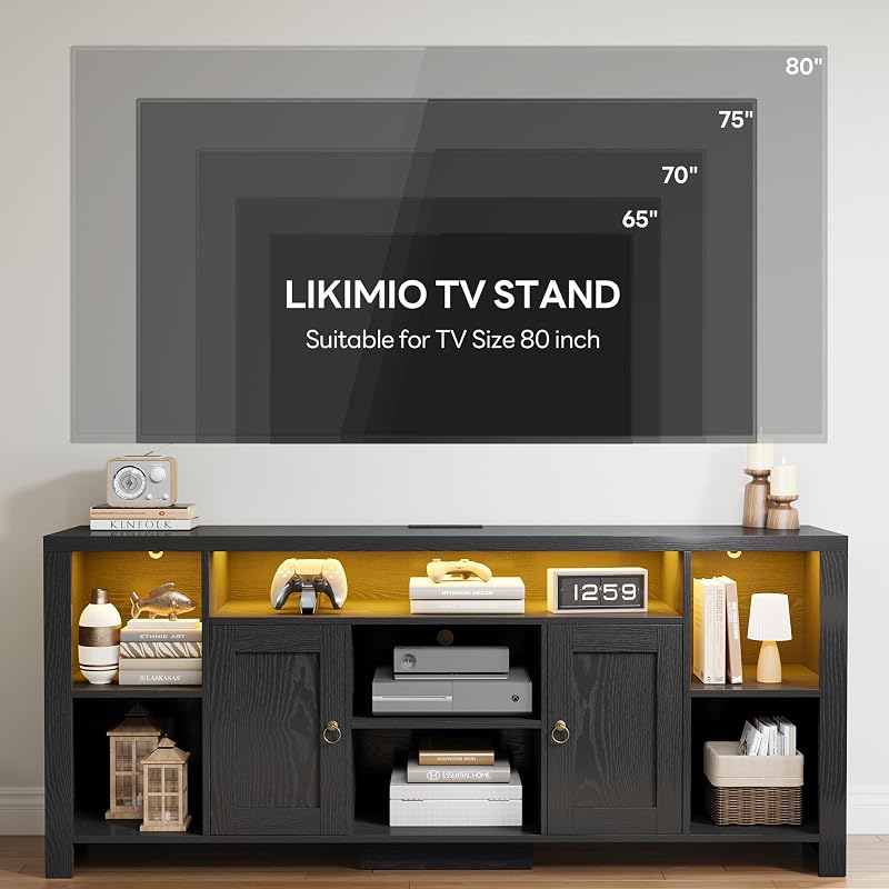 LIKIMIO 70" TV Stand for TVs up to 80", LED Entertainment Center, Black image 3