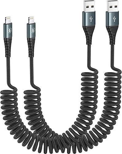 JUKEKUL Cable Lightning en espiral de 3 pies de nailon trenzado, cargador de iPhone de carga rápida para automóvil certificado Apple MFi, compatible