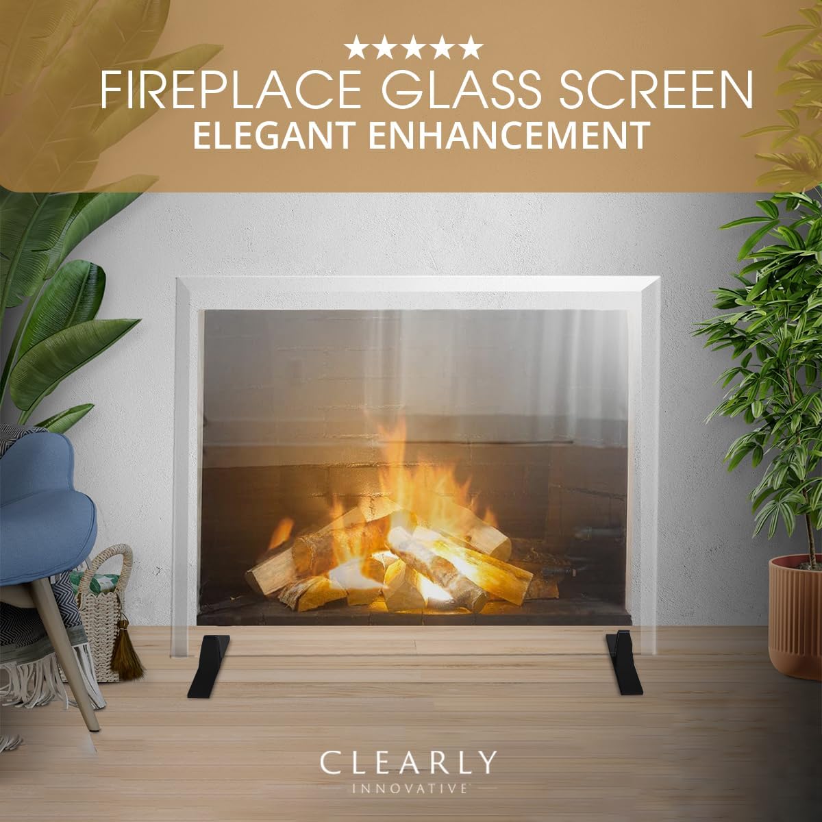 Premium Tempered Glass Fireplace Screen with Exclusive Beveled Edge | 33" H x 46" W Glass (34” H Installed) | Clear Glass, Metal Black Base | The Ultimate in Home Elegance by Clearly Innovative