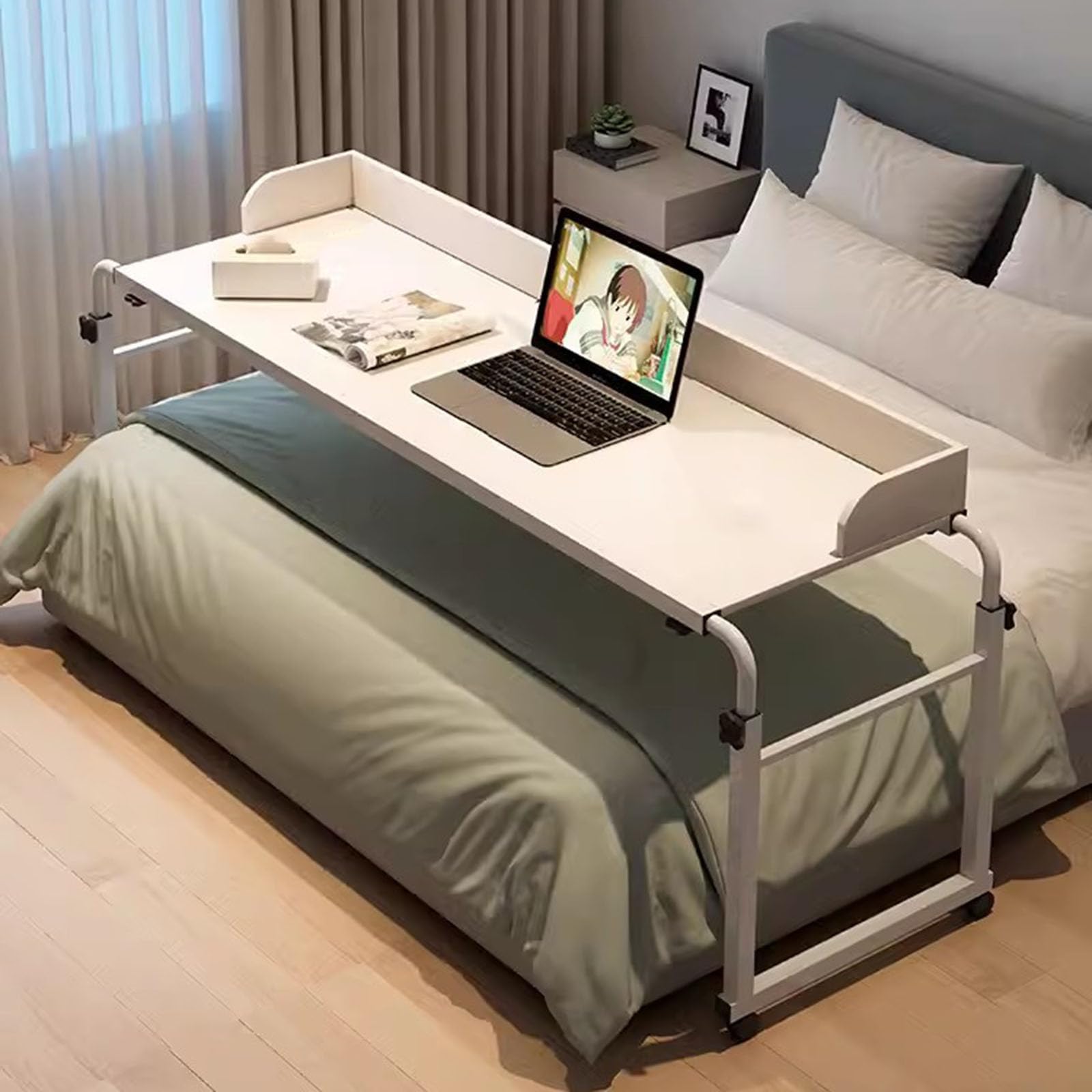 ZHFASDS Over Bed Table, Medical Table With Wheels, Height Adjustable 65-95cm, Width Adjustable 115-210cm, White