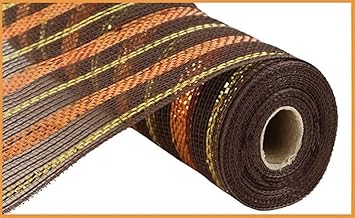 Faux Jute Poly Metallic Stripe Deco Mesh, 10.5 Inch x 10 Yards Brown, Orange, Gold