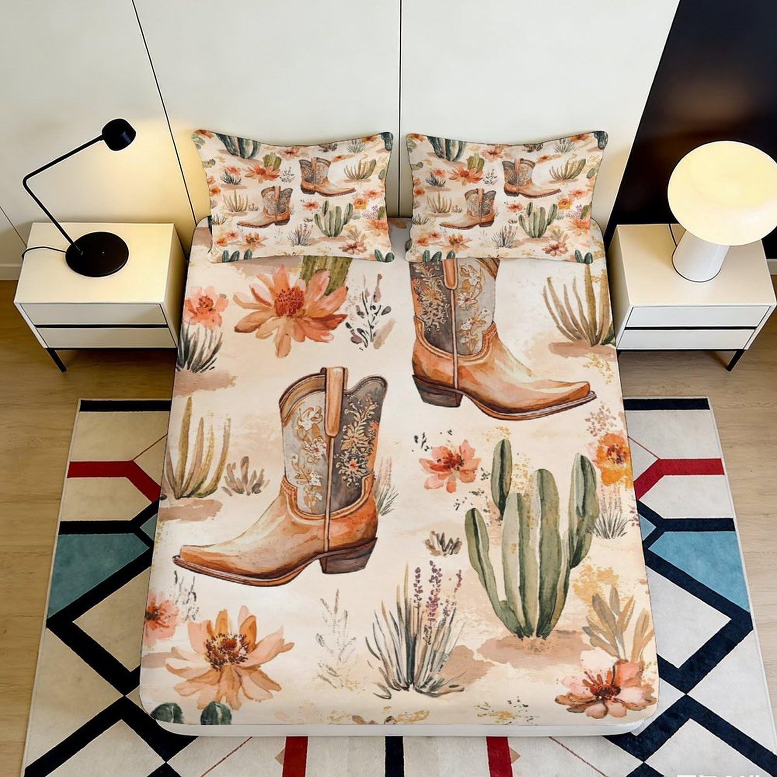 3D Printed Cowboy Boots Fitted Sheet Microfiber Soft Western Cactus Mattress Cover for Bedroom Dorm Decor 90x200x25cm