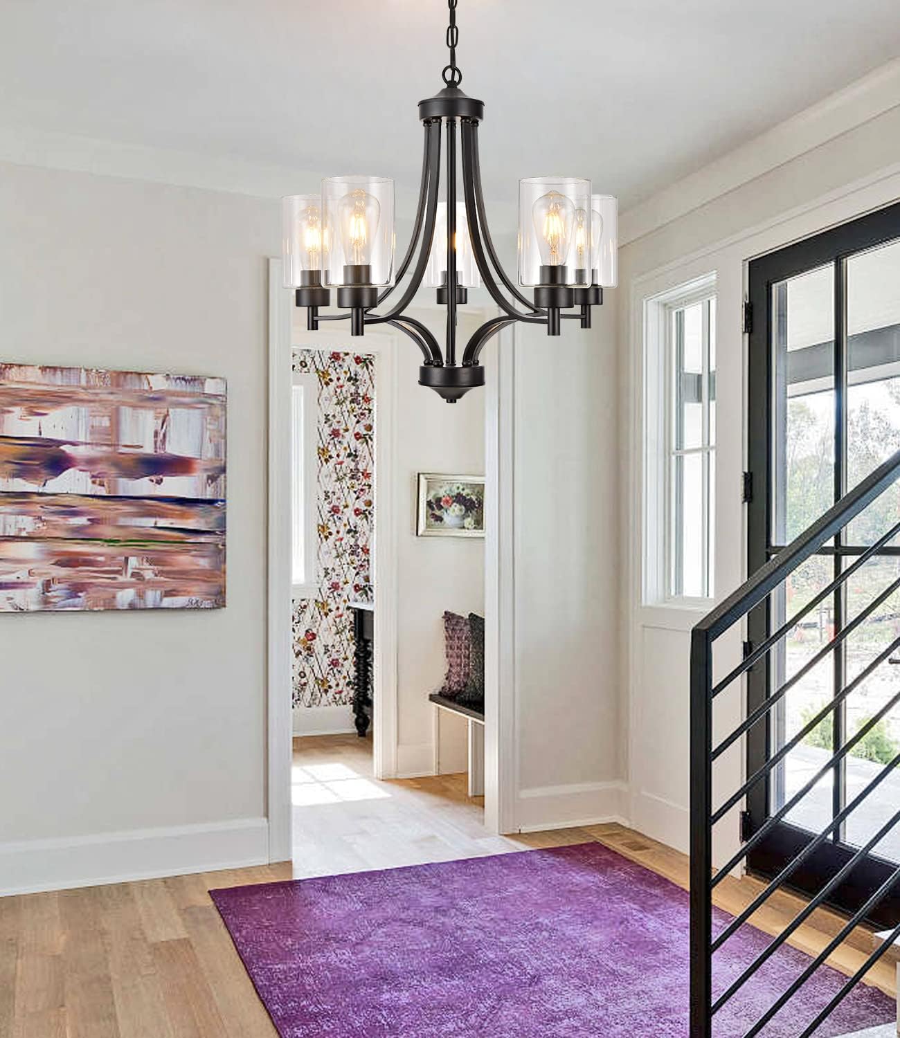 BOZO Contemporary Black Chandelier 5 Lights Farmhouse Dining Room Lighting Fixtures Hanging Bedroom Chandeliers with Clear Glass Shade Ceiling Pendant Light Black Foyer Light