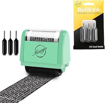 Miseyo Wide Identity Theft Protection Roller Stamp Set - Green3 Refill Ink Included with Extra 3 Refill Ink
