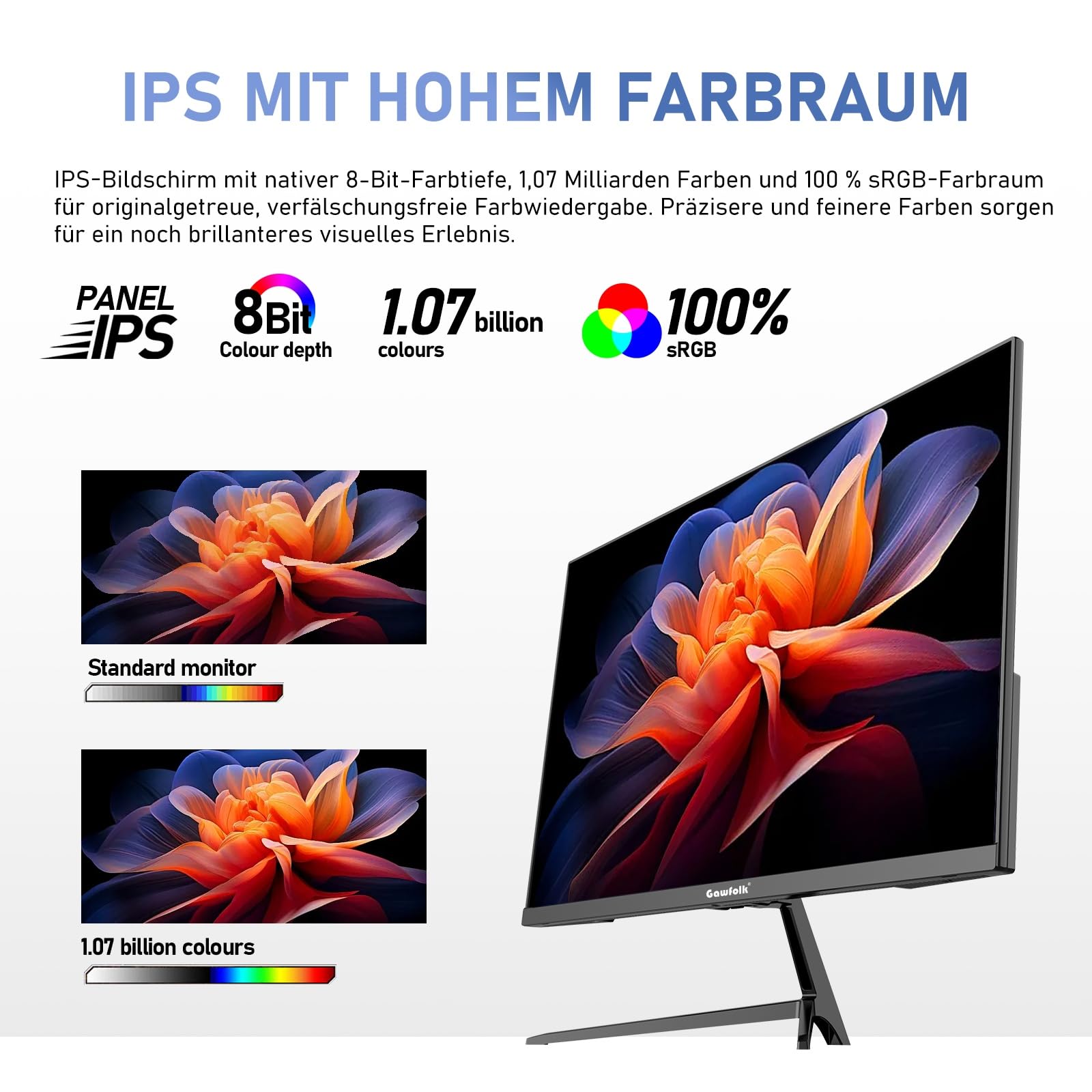 Gawfolk Monitor de 27 pulgadas QHD 75 Hz, pantalla de PC con altavoz | 2K 2560x1440P IPS - Pantalla de ordenador HDMI DP VESA 75 × 75 mm, para oficina en casa y multimedia
