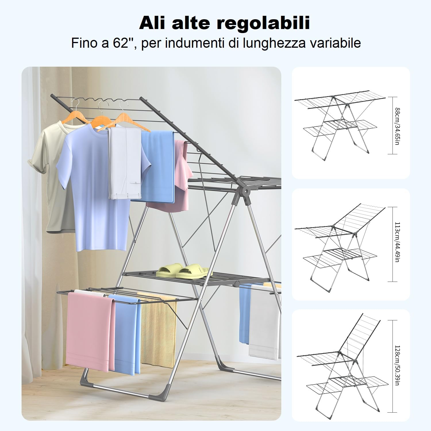 Innotic Stendibiancheria Pieghevole Portatile Stendino Verticale Salvaspazio, Acciai Inossidabili, con Accessori, per Balcone Esterno,