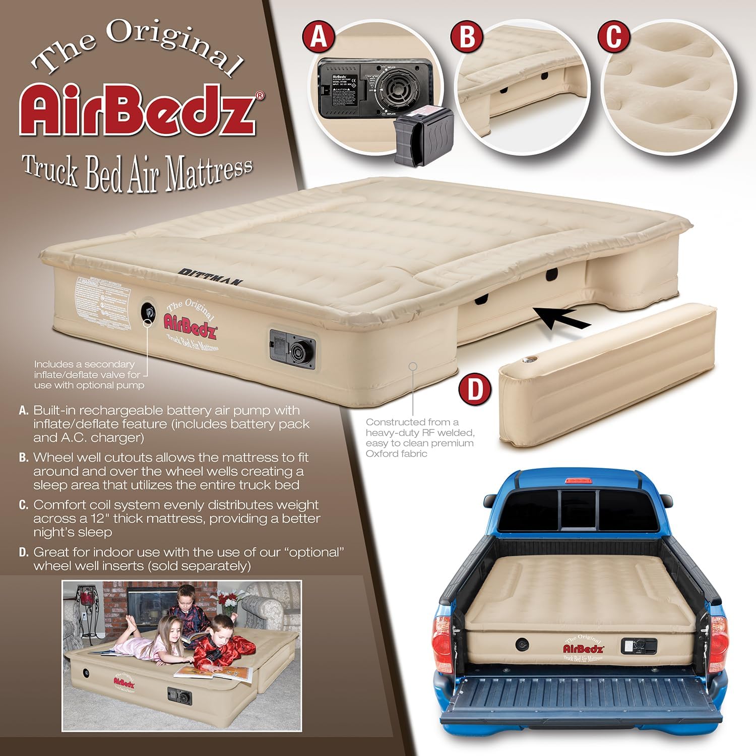 Pittman Outdoors AirBedz Mattress – Truck Bed Air Mattress with 25% More Coverage, Built-in Rechargeable Battery Pump, Carry Bag & Repair Kit - Full Size - Standard Bed - 6' - 6.5' – Tan, PPI-502
