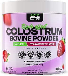 Bovine Colostrum X3 Supplement Powder for Humans, 100% Pure Whole Natural Grass Fed Superfood, High IgG, Plus Probiotic & Prebiotic, Natural Strawberry Flavor, Made in USA