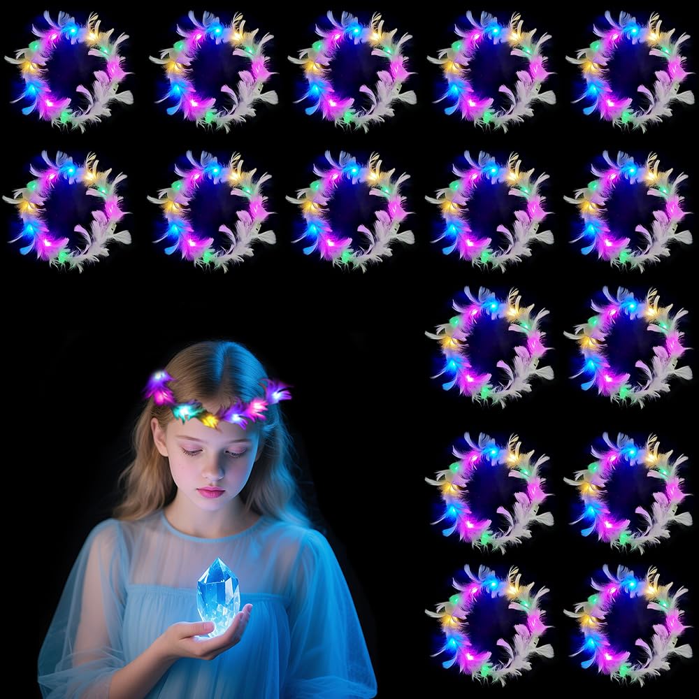 LED Feather Hair Band, 16 Pieces LED Feather Garland, LED Light Wreath, LED Flower Hair Garland, Halloween, Christmas, Party Decoration