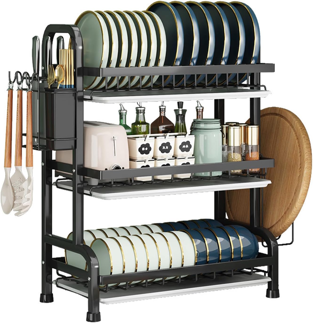 KUK 3 Tier Dish Drying Rack, Large Stainless Steel Over The Sink Dish with Drain Tray, Kitchen Dishes Drying Racks, Dish Racks for Kitchen Counter Storage (Black)