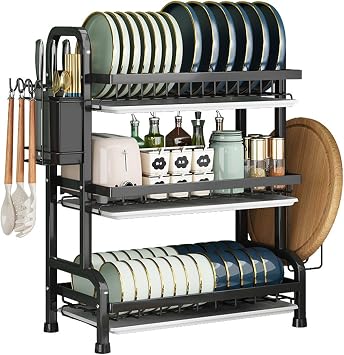 KUK 3 Tier Dish Drying Rack, Stainless Steel Over The Sink Dish with Drain Tray, Kitchen Dishes Drying Racks, Dish Racks for Kitchen Counter Storage Black