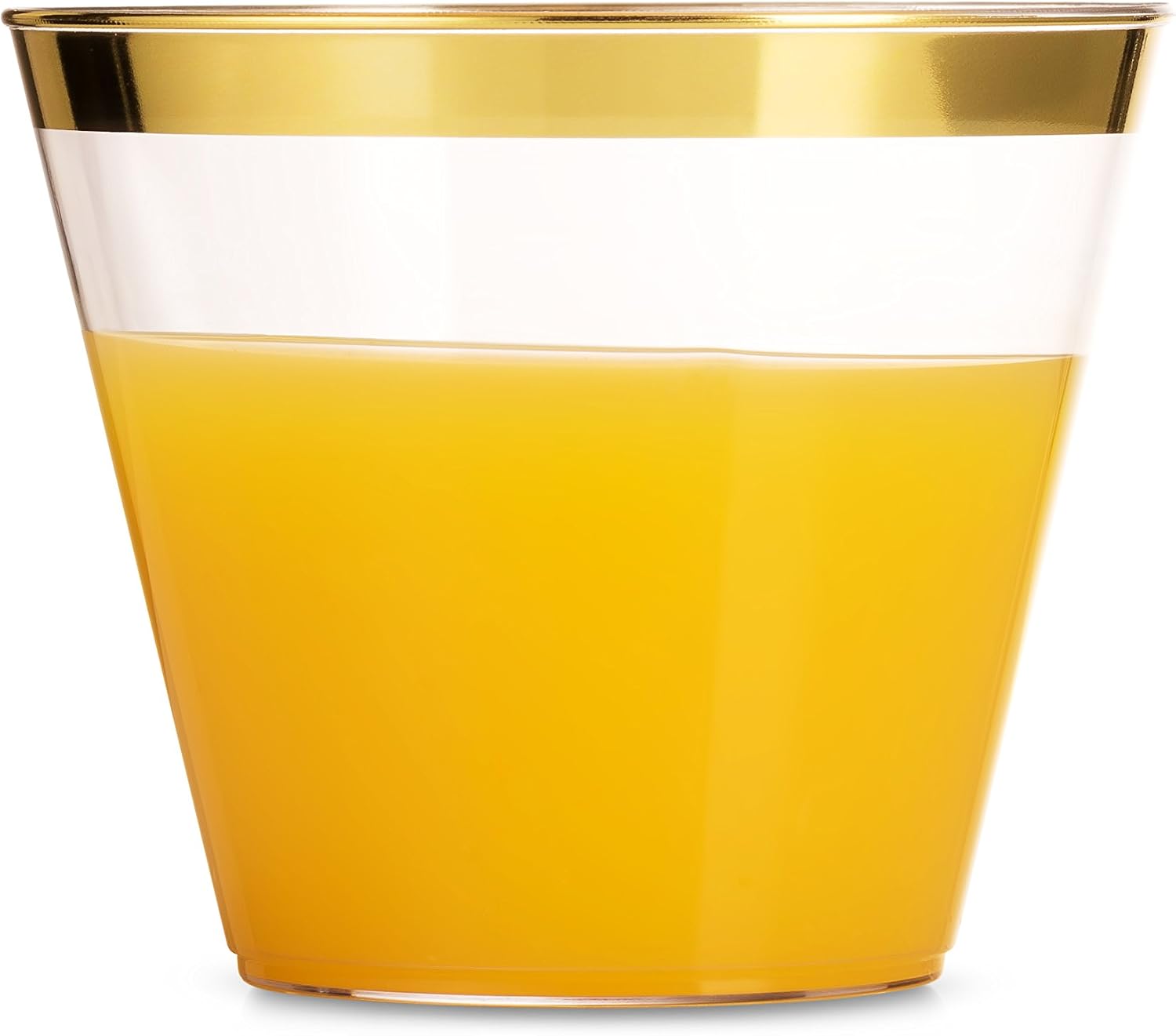 Munfix 100 9 Oz Clear Plastic Cups, Old Fashioned Tumblers, Fancy Disposable Wedding Cups, Elegant Party Cups with Gold Rim