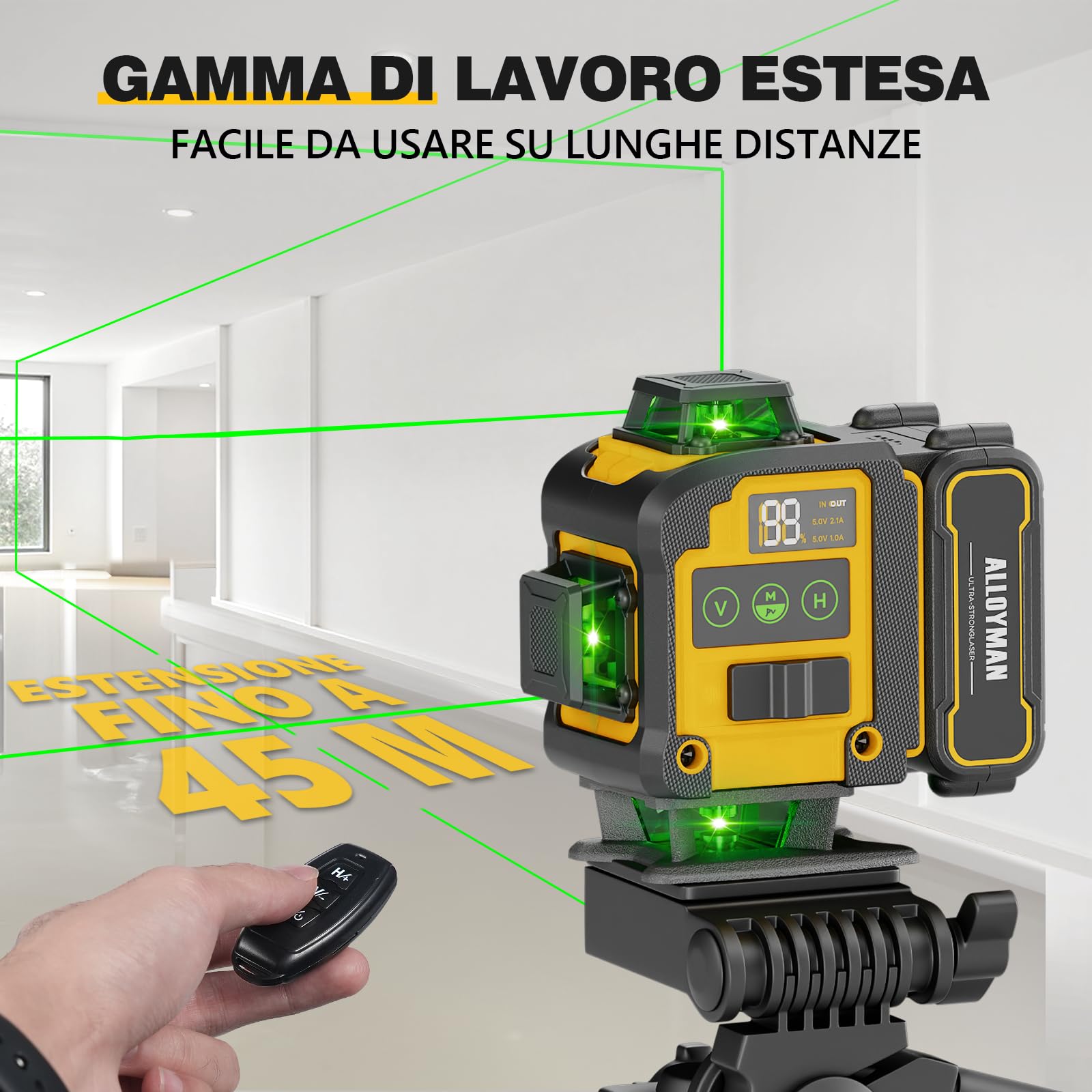 Alloyman Livella Laser Autolivellante 16 Linee con treppiede, Laser a linee incrociate a 4x360 gradi, 4D verde, laser a croce con 2 batterie ricaricabili, IP54, per fai da te, lavori interni e