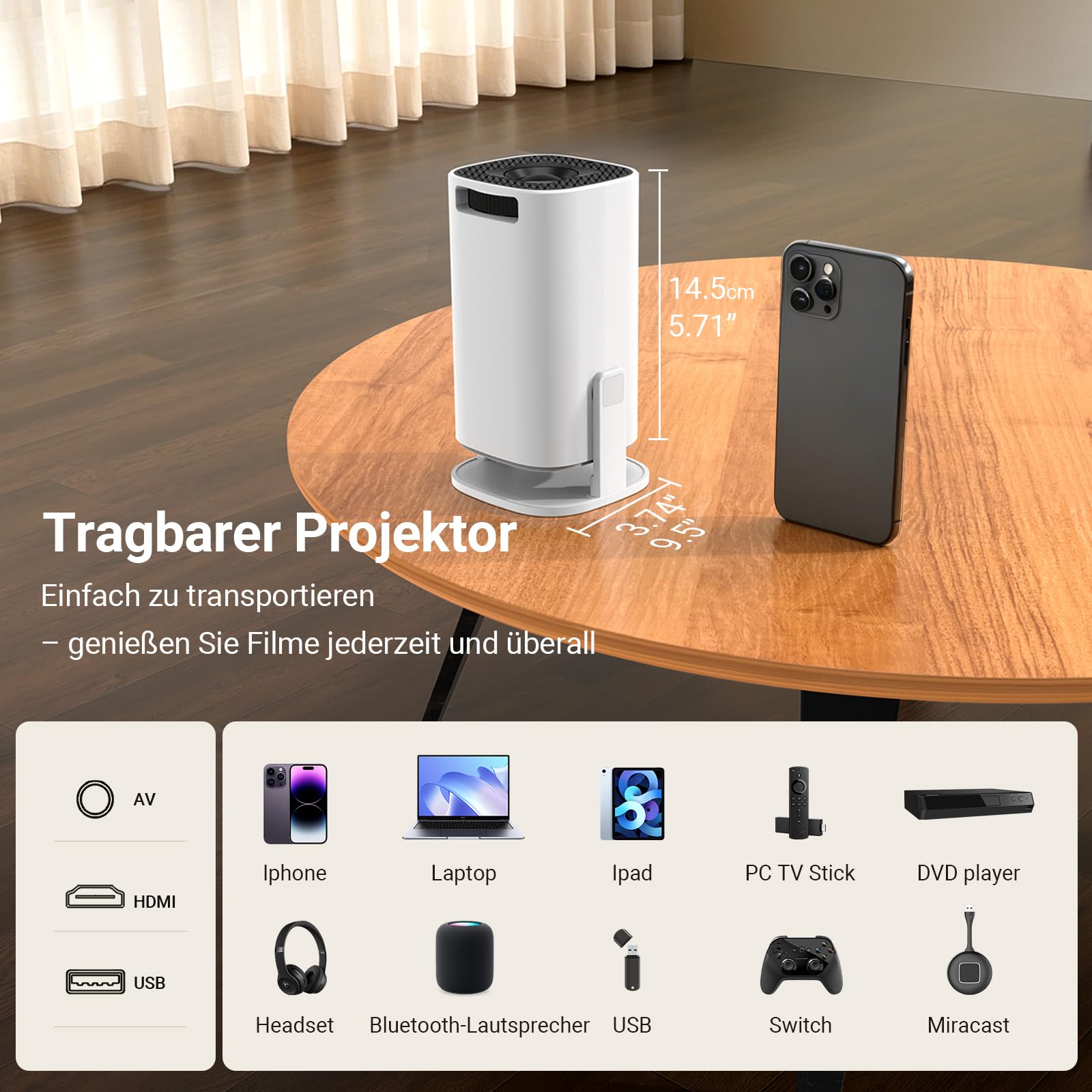 Mini Beamer Unterstützt 4K 1080P,2026 Tragbarer Smart Projektor mit WiFi 6 und BT 5, Automatische Trapezkorrektur, Mini Projektor 180° Drehung Beamer für Heimkino/Outdoor für Handy/HDMI/Laptop