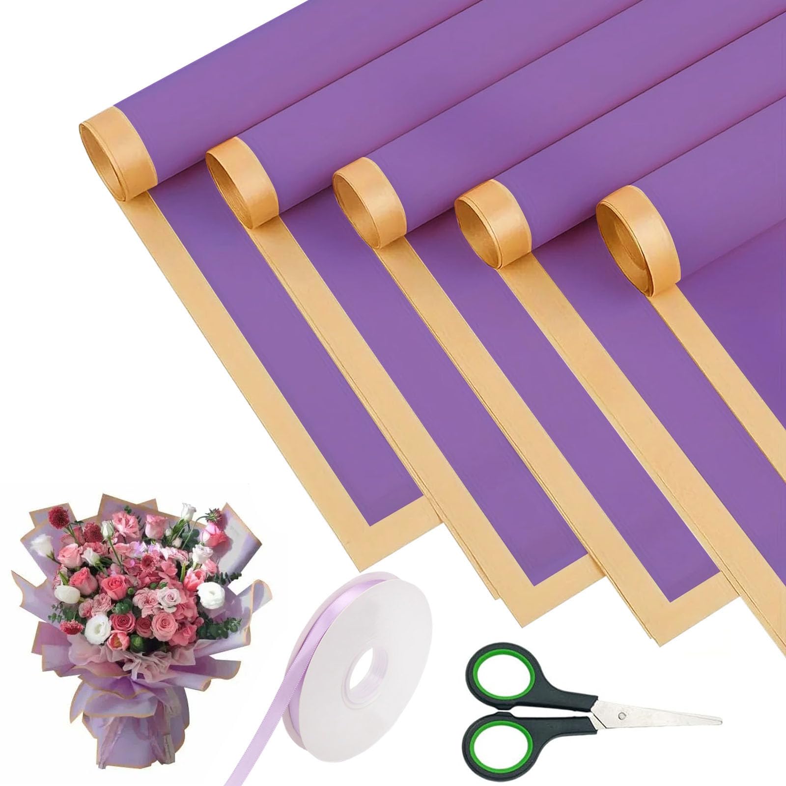 Flower Wrapping Paper, 20 Sheet Bouquet Wrapping Paper, 58cm Double Sided Bouquet Wrap Kit for Gifts Flowers and Crafts with Ribbon and Scissors for Gift Wrap DIY Arts Crafts(Purple)