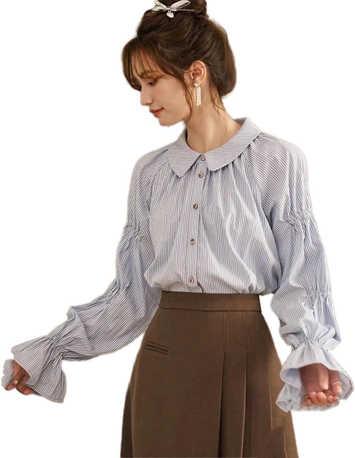 Women's Stripe Shirt Spring Retro Bubble Sleeves Loose Office Tops for Ladies