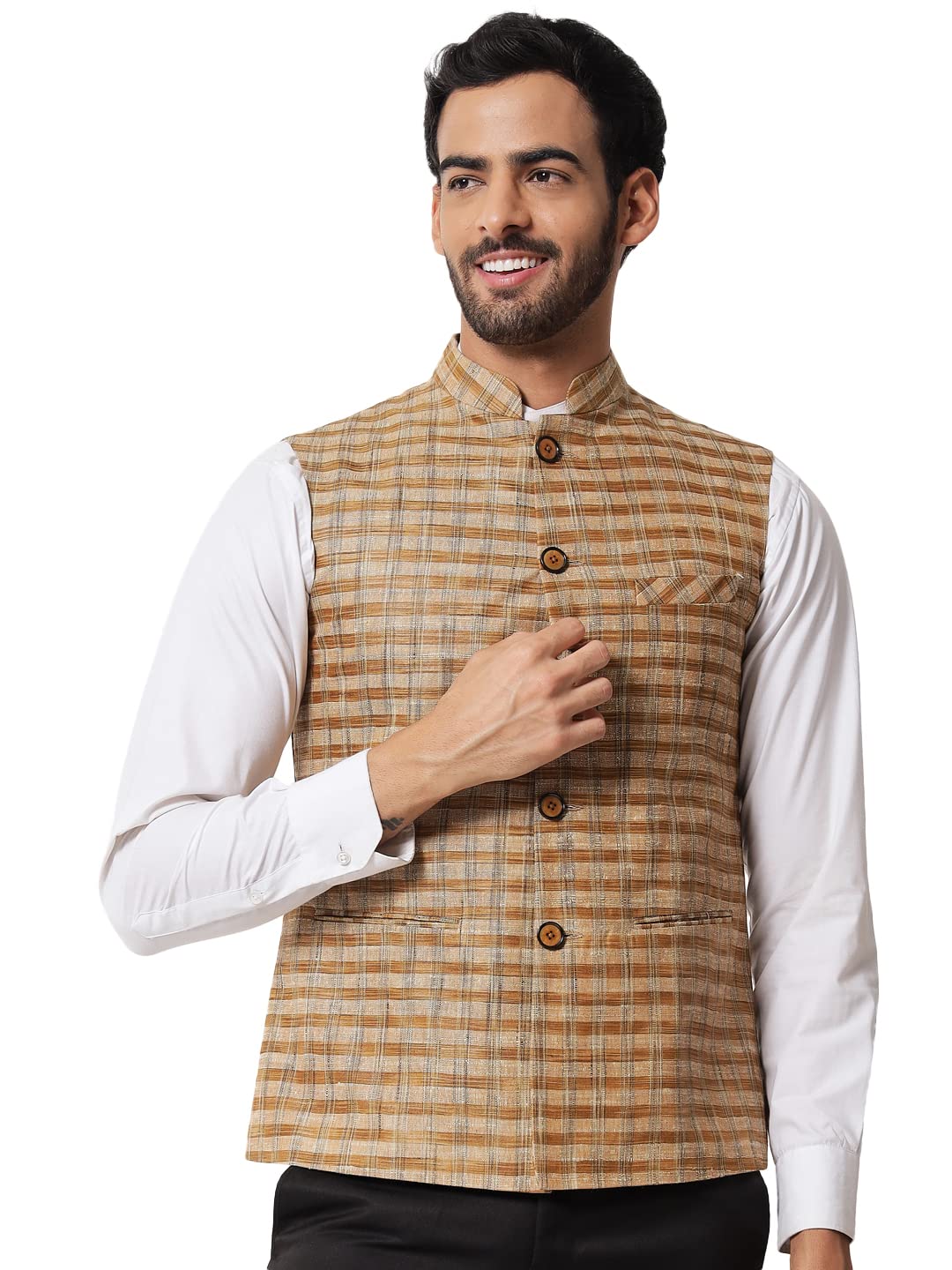 vastraa fusion Mens Handloom Block Check Print Nehru Jacket - (VS4801_42_Brown)-picture-42