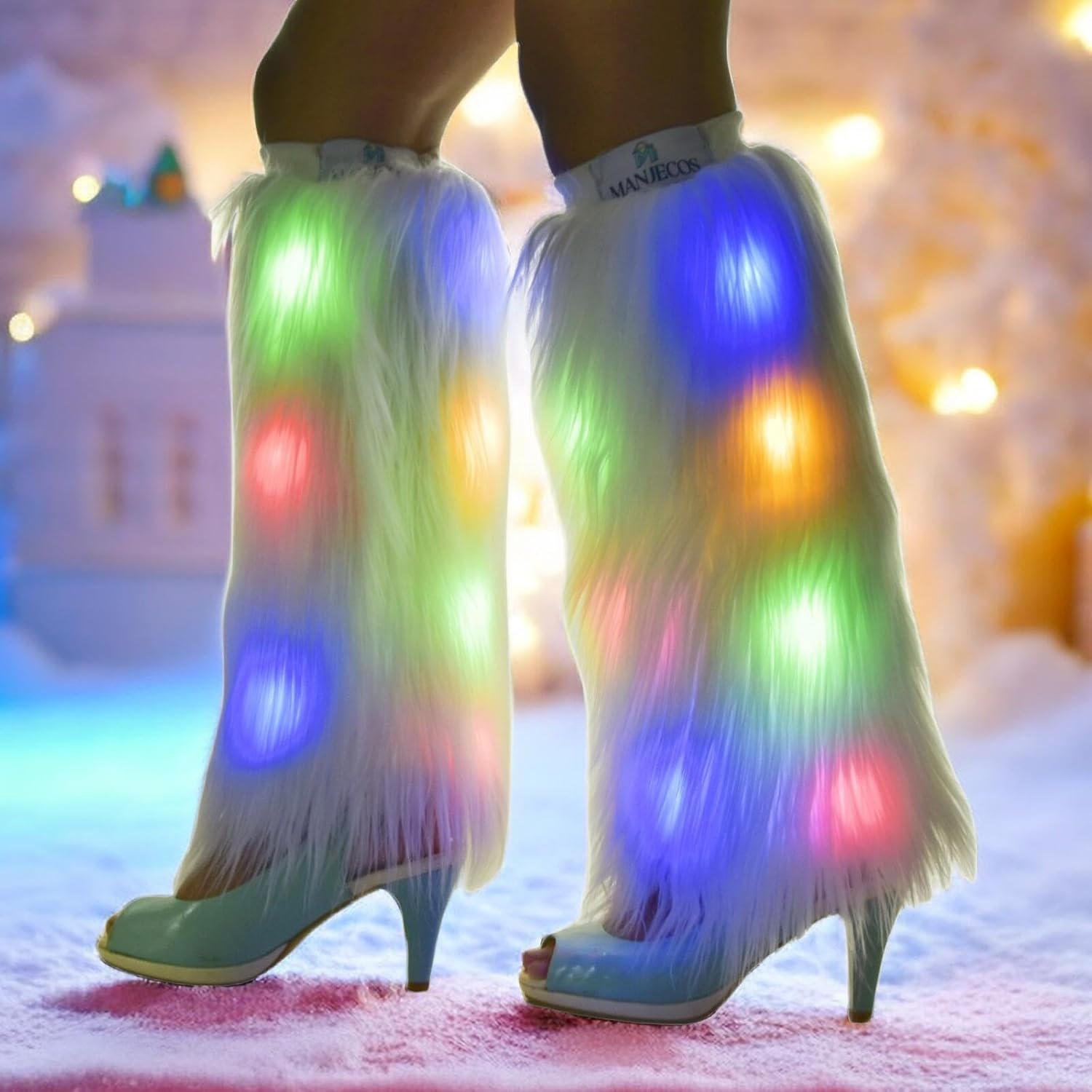 LED Leg Warmers For Women,Light up Leg warmers,Flashing Fuzzy Boot Cuffs 80s Disco Rave Wear, Leg Sleeve,White Faux Fur Festival Dance Accessories for Christmas & Party,Music Party,Novelty Dionysia - Image 2