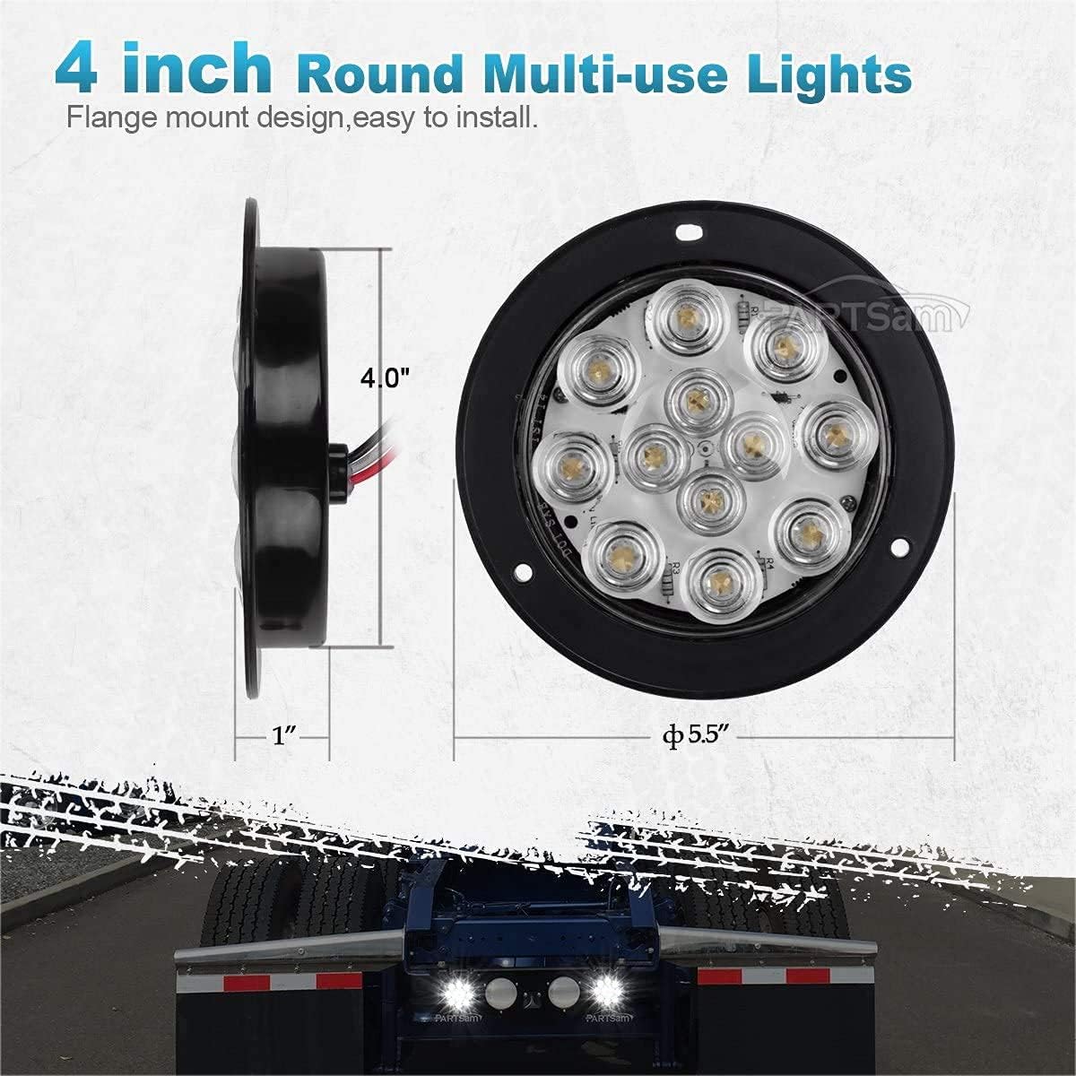 Partsam 2 Smoke/Red + 2 Clear/White 4" Round LED Trailer Tail Lights Kit 12LED Flange Mount [IP65 Waterproof] [Stop Brake Turn Reverse] Back Up Trailer Lights for Trailer RV Truck