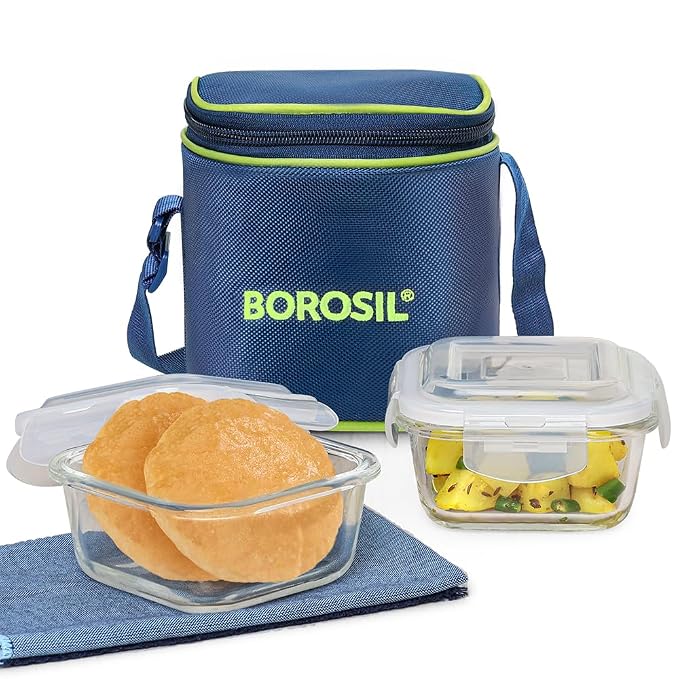 Borosil Borosilicate Glass Made in India Lunch Box (Blue Bag, 320ml (Vertical))