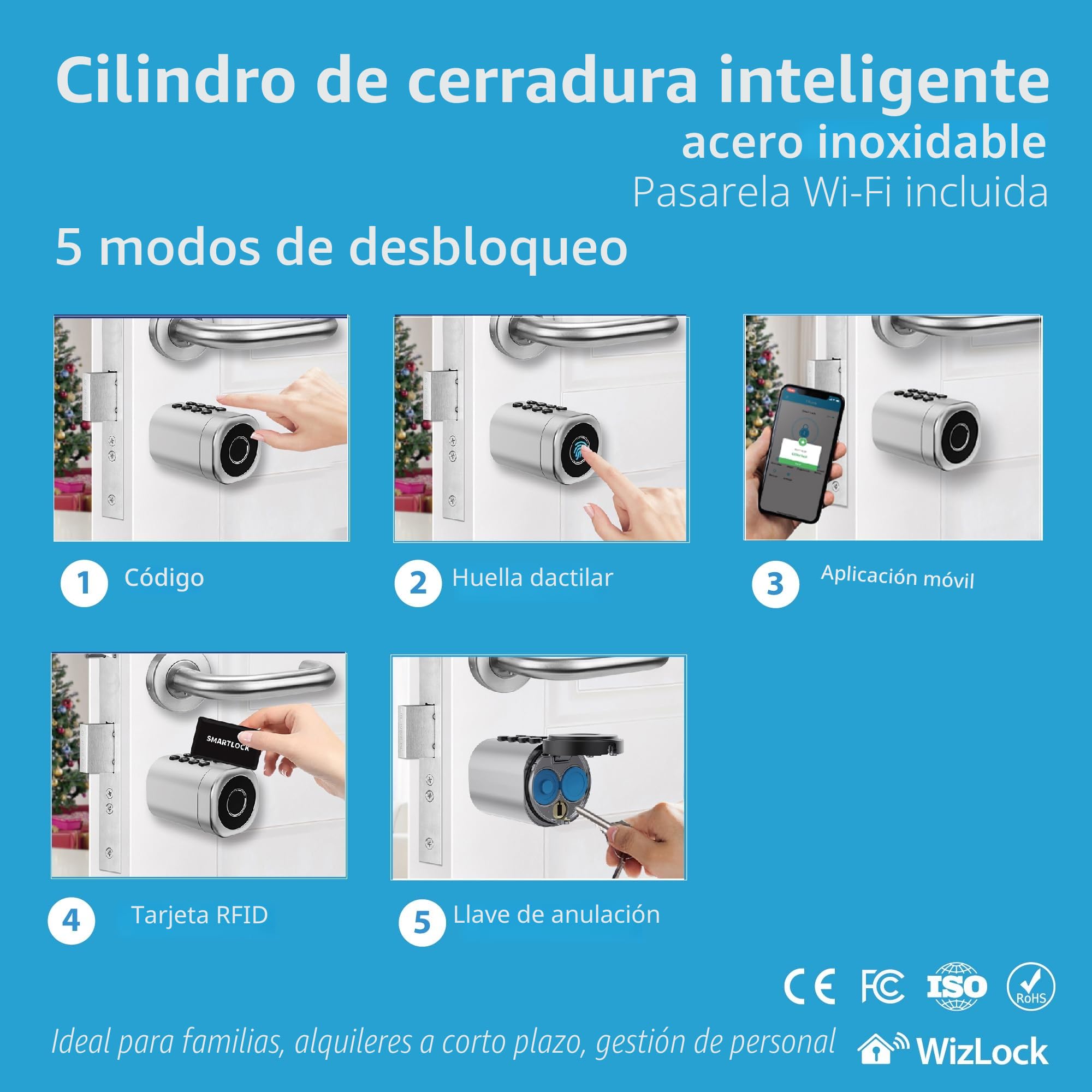 Cilindro cerradura smart Bluetooth Tuya – Aleación aluminio plata efecto inox – Internet mediante pasarela Bluetooth/Wi-Fi incluida – Acceso: Código, Tarjeta (4), Huella, App, Llave (2) – IP55