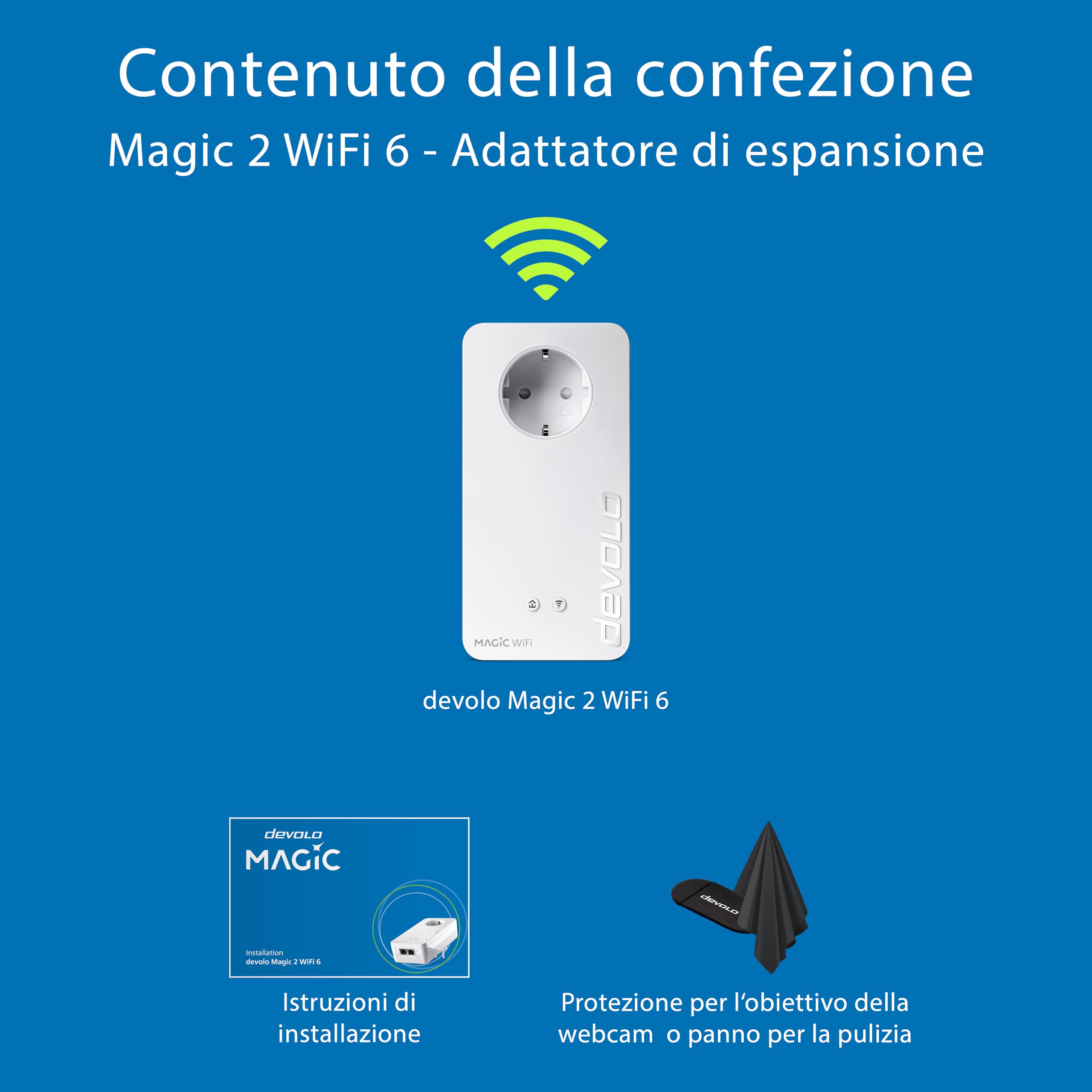devolo Magic 2 WiFi 6 next adattatore di espansione Wi-Fi Powerline, fino a 3.000 Mbps, presa Wi-Fi, 2 porte LAN Gigabit, bianco