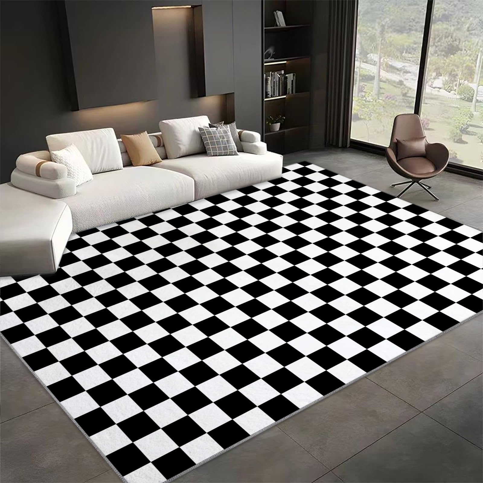 Tapis de salon doux 140x200 cm tapis antidérapant de chambre à grille noire