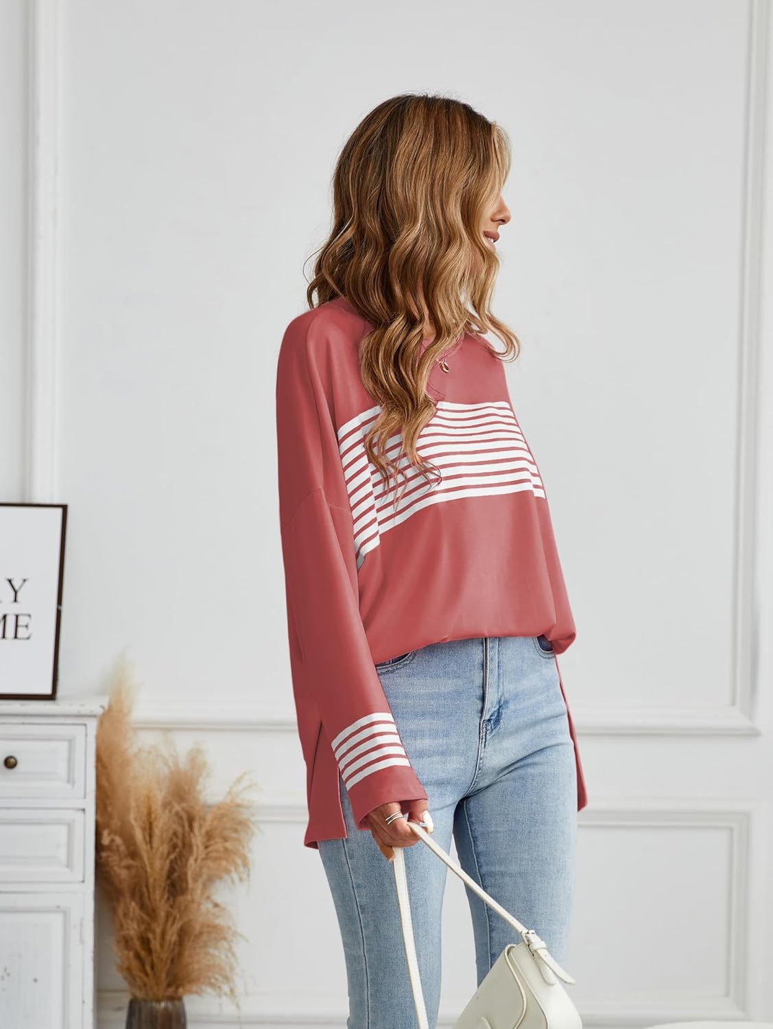 Famulily Womens Cute Striped Tunic Shirts Casual Long Sleeve Crewneck Shirt High Low Side Split Hem Loose Oversized Tees - Image 3