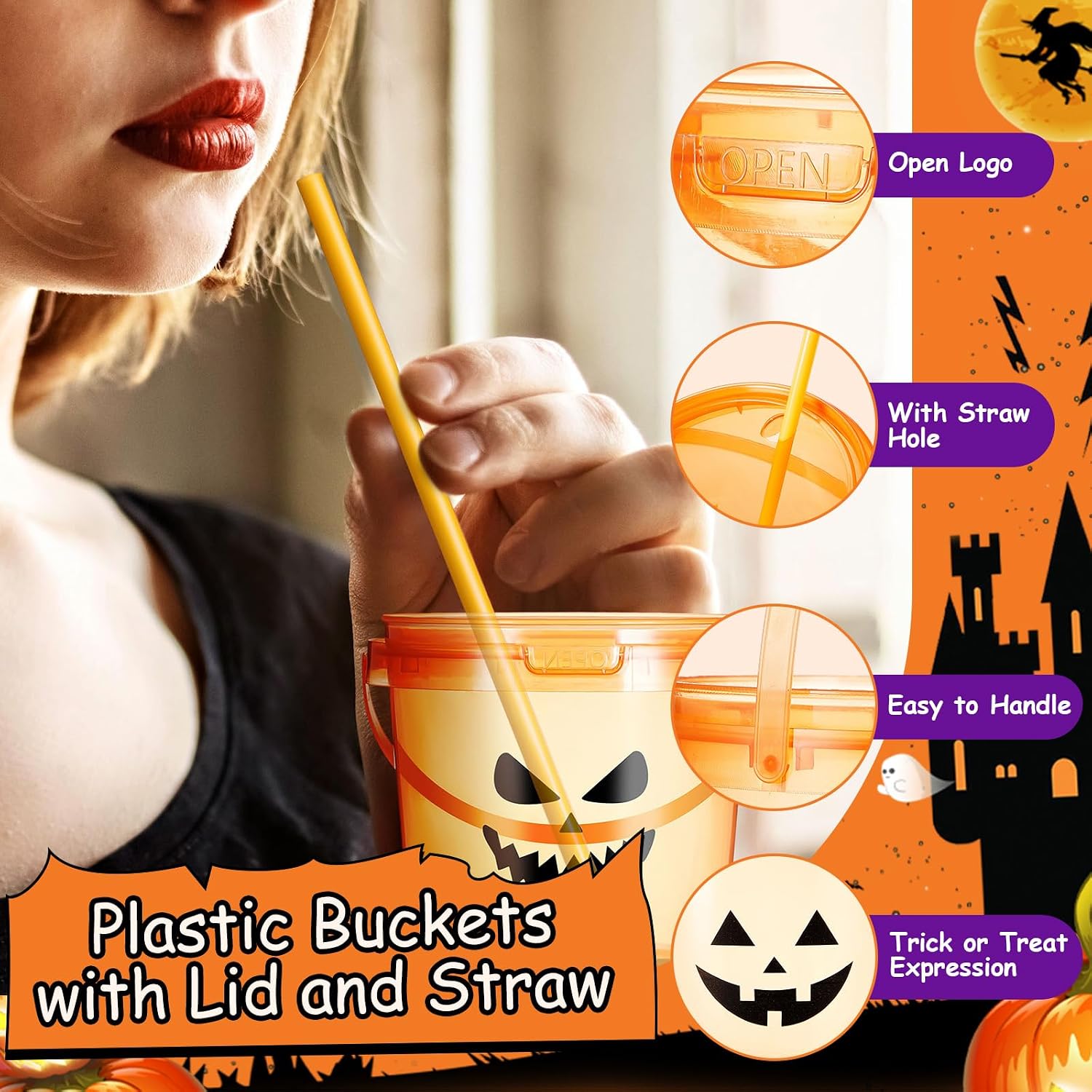 12 Pcs Halloween Jack O Lantern Drink Buckets 25 oz Orange Pumpkin Face Cups with Lids and Straws Reusable Trick or Treat Cocktail Ice Cream Snack Containers for Spooky Party Decorations