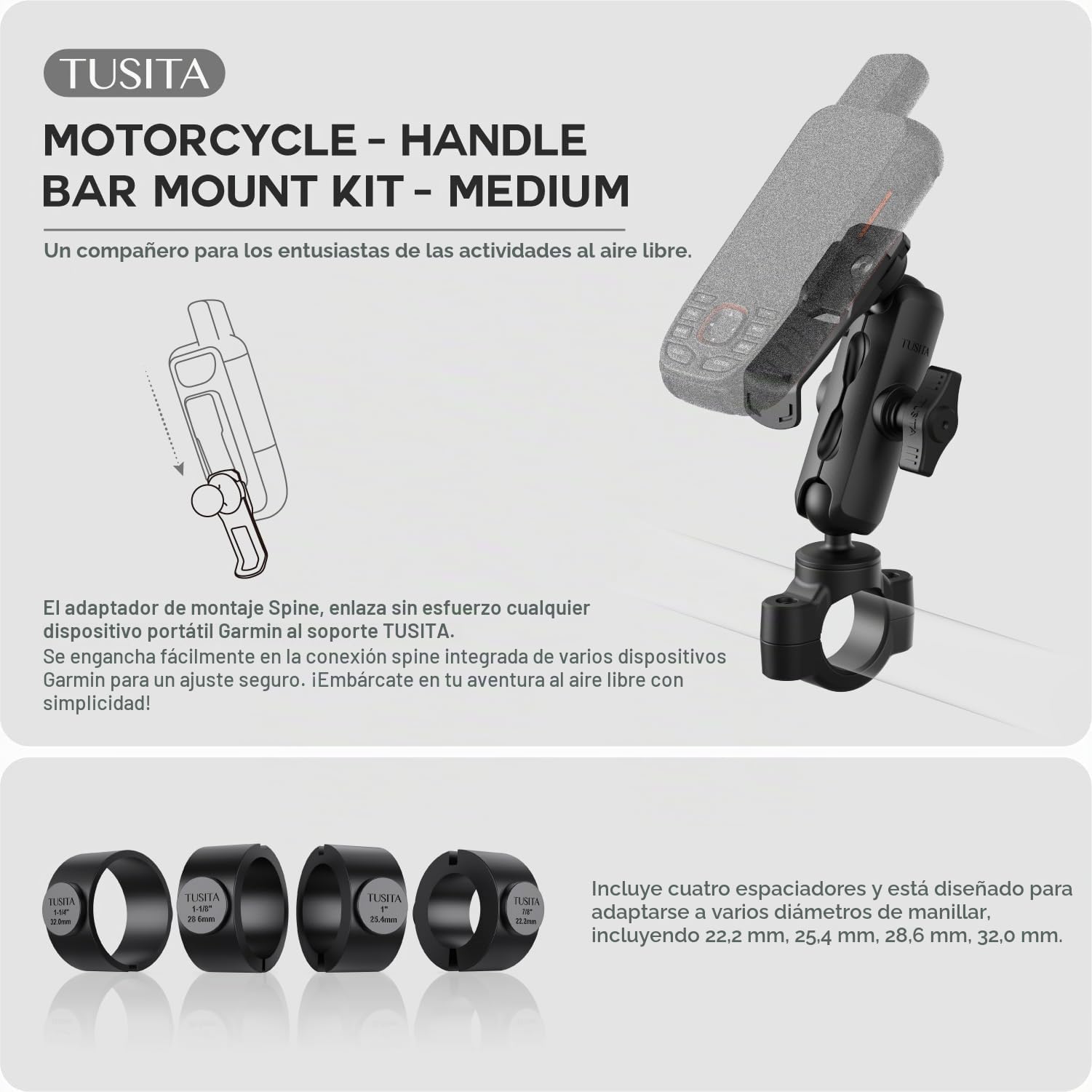 TUSITA Moto GPS Soporte - Soporte Compatible con Garmin Portátil GPS - Brazo de Doble Enchufe Mediano, Base de Manillar