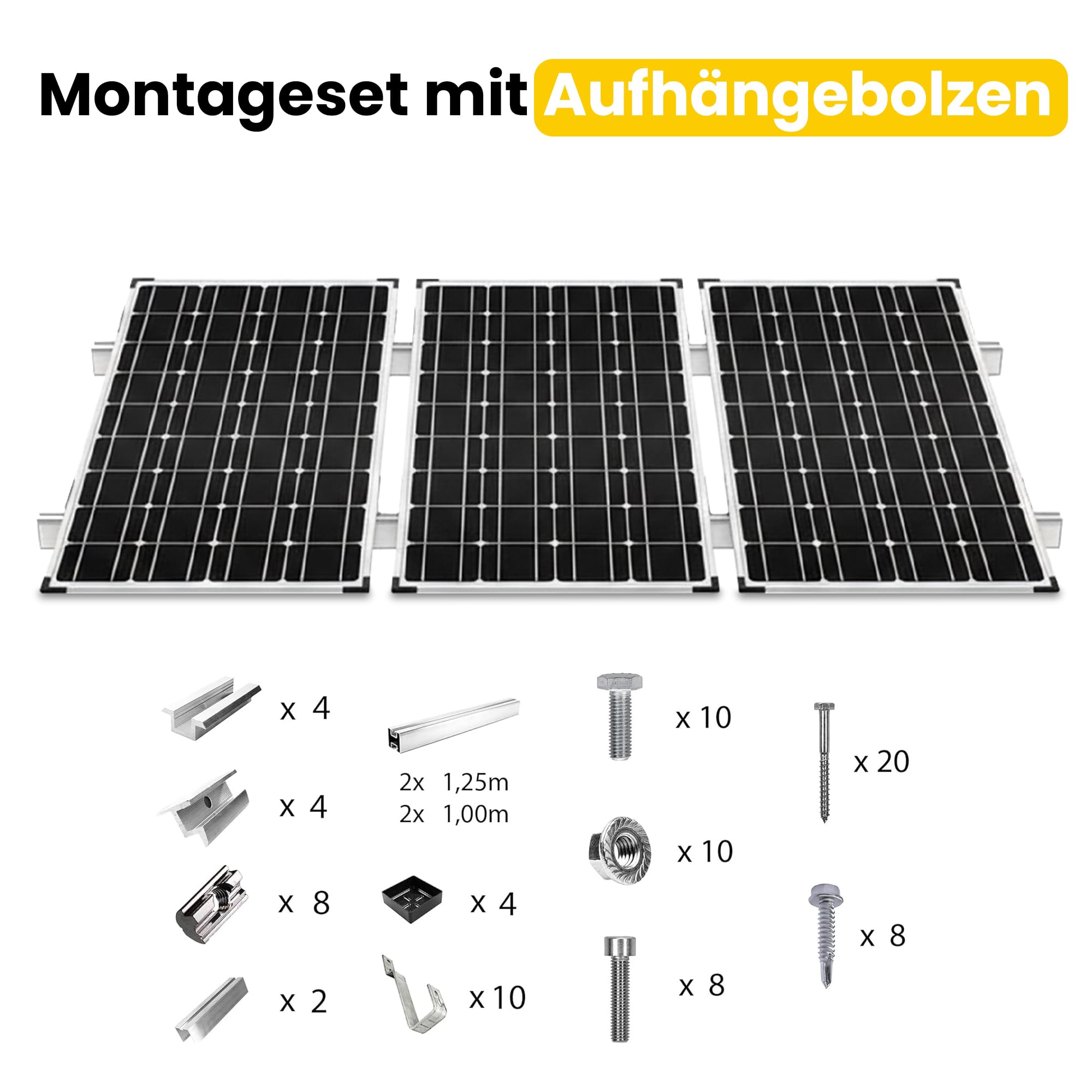 Zestaw mocujący ze śrubami trzpieniowymi do montażu dachów skośnych, 3 panele solarne, wysokość ramy 30 mm