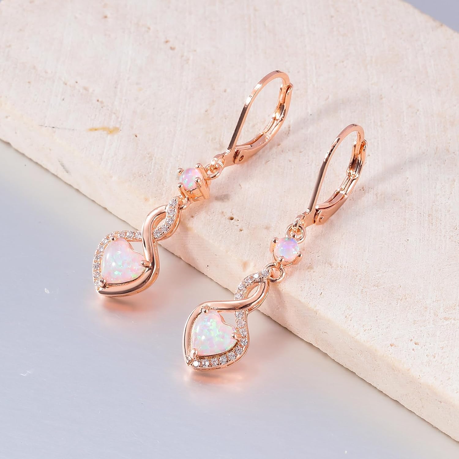 CiNily Opal Dangle Drop Earrings for Women Teen, 14K White Gold | Gold Plated Heart Pendant Ear Rings Cubic Zircon Leverback Earrings Opal Jewelry Gift for Wedding Christmas Birthday - Image 5
