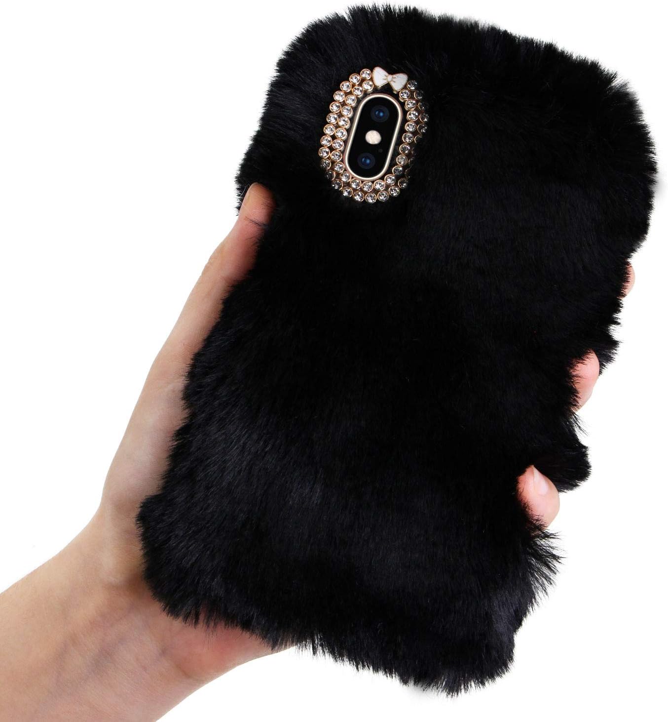 LCHDA Plush Case for iPhone 6S Plus Rabbit Fur Case, Bunny Furry Fluffy Fuzzy Phone Case for Girls Cute Winter Warm Hair Soft TPU Back Case Cover with Luxury Diamond Bowknot-Black