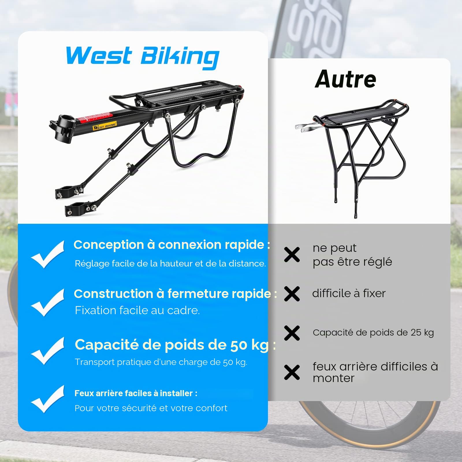 West Biking Porte-bagages pour VTT - Porte-bagages stable pour VTT - Robuste - En aluminium - Montage facile - Charge maximale : 50 kg