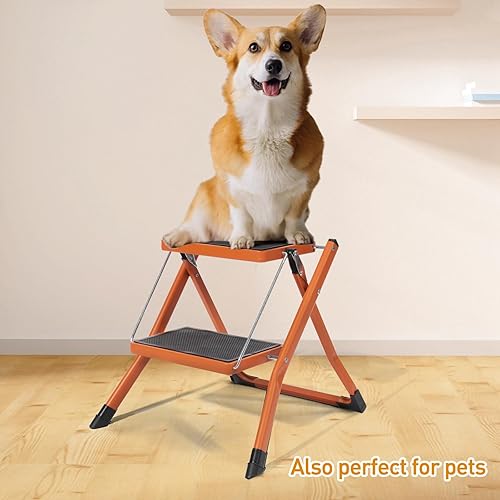 Miniatura 7 de Taburete de 2 escalones, ligero, portátil, plegable, plegable, pequeña escalera de metal con pedal ancho antideslizante, resistente con capacidad de