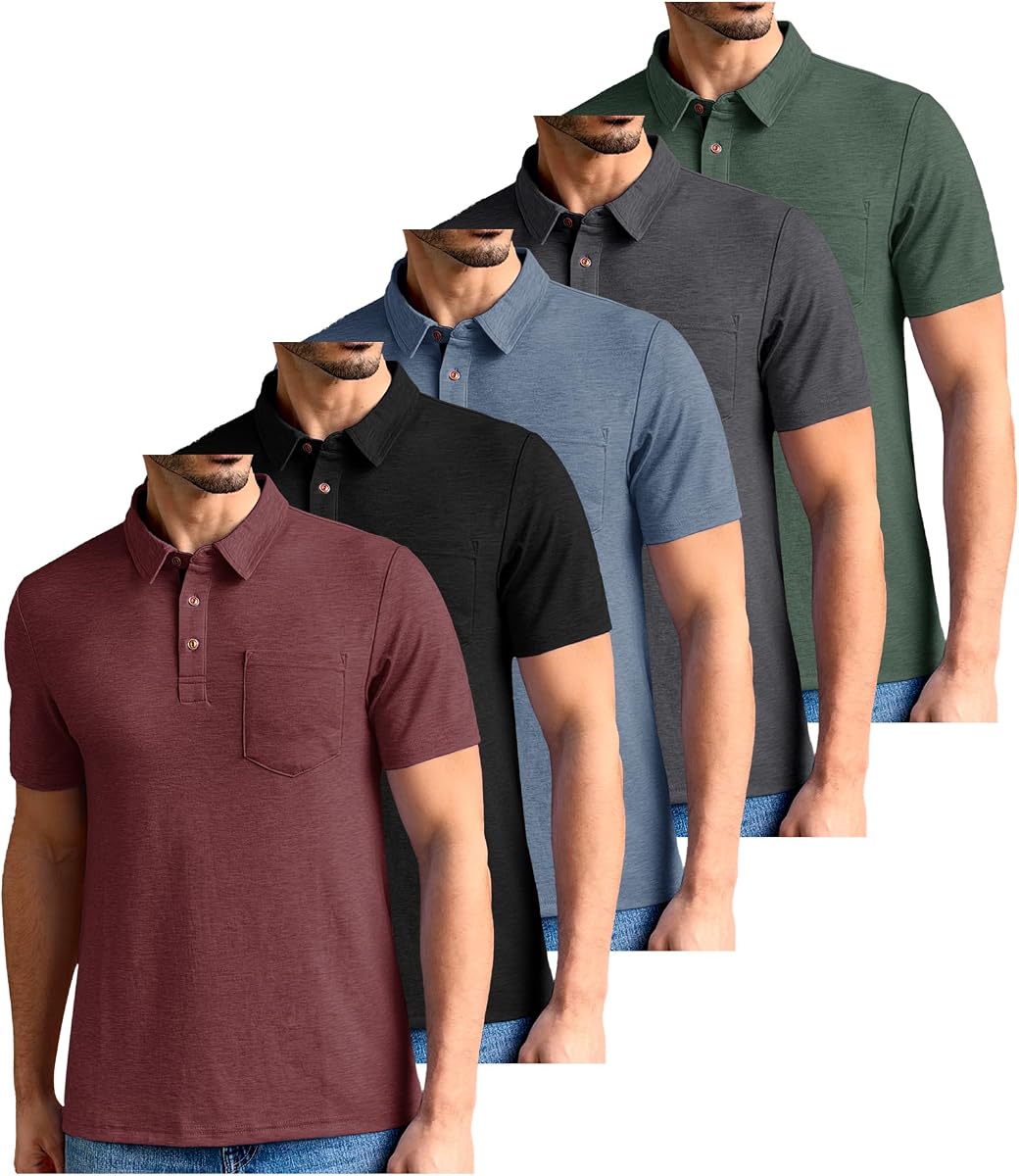 ZITY Pack de 5 polos para hombre con bolsillo de manga corta de algodón | Mezcla de rayón, suave al tacto, elástico en 4 direcciones, sin arrugas, para golf/negocios informales/recados de fin de semana/viajes