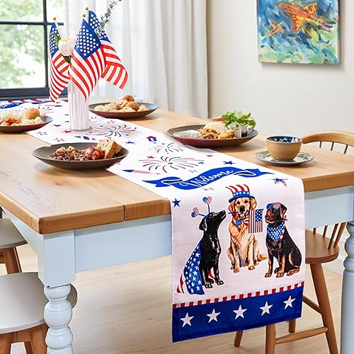 4th of July Patriotic Memorial Day Table Runner, 13 x 72 Inch Independence Day Holiday Kitchen Dining Table Decor for Indoor Outdoor Home Party Decoration（Puppy）