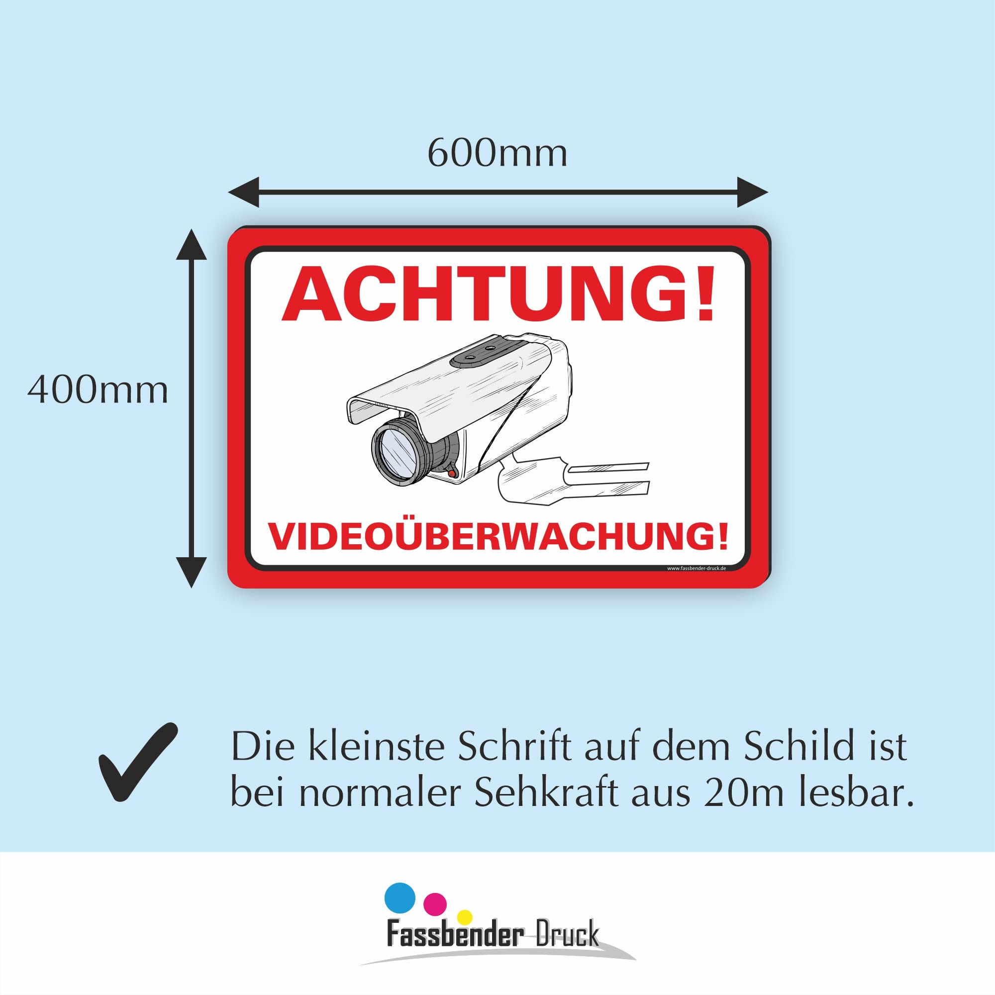 ACHTUNG VIDEOÜBERWACHUNG vorgebohrtes Schild zum Markieren eines videoüberwachten Bereiches - Videoüberwachungsschild mit Bohrlöchern - (60x40cm SCHILD)