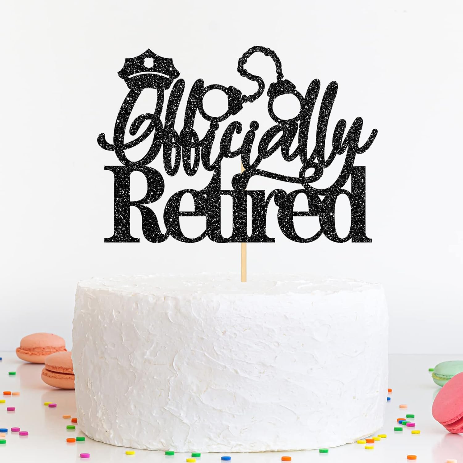Felezon Officially Retired Cake Topper Black Glitter Sign Happy Retirement Cake