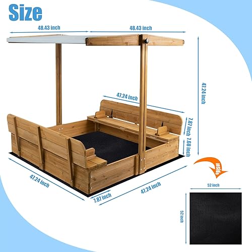 Miniatura 5 de PetsCosset Caja de arena de madera con tapa, cajas de arena para niños al aire libre con tapa, caja de arena con 2 asientos plegables para patio