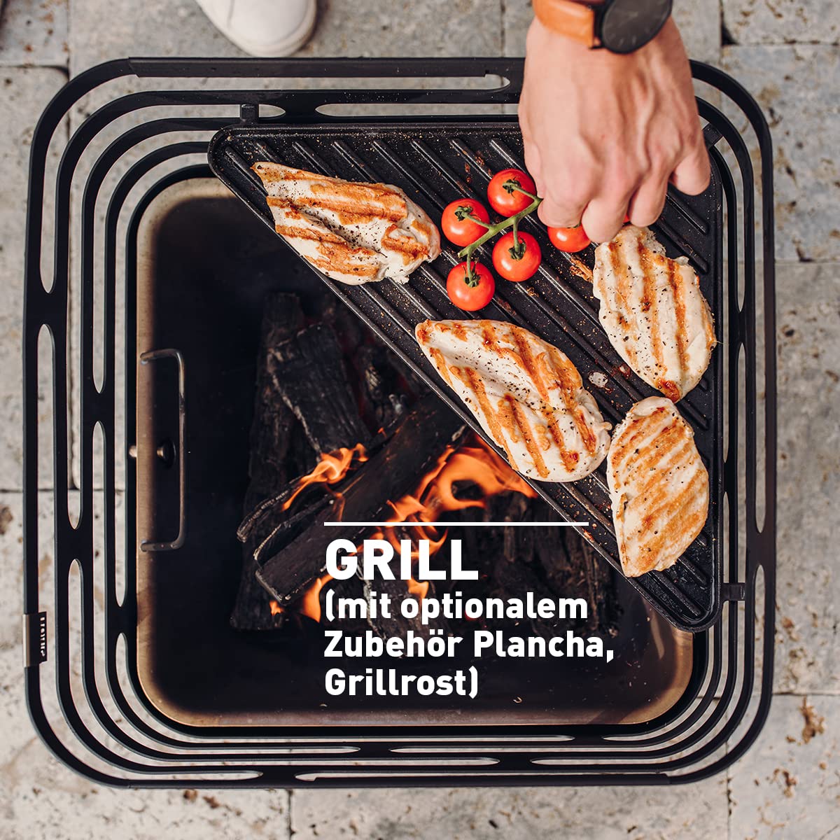 höfats - Cube Feuerkorb - Feuerschale, Feuerstelle, Grill, Hocker und Tisch - für Garten und Terrasse - Edelstahl - schwarz - mit integrierter Löschfunktion