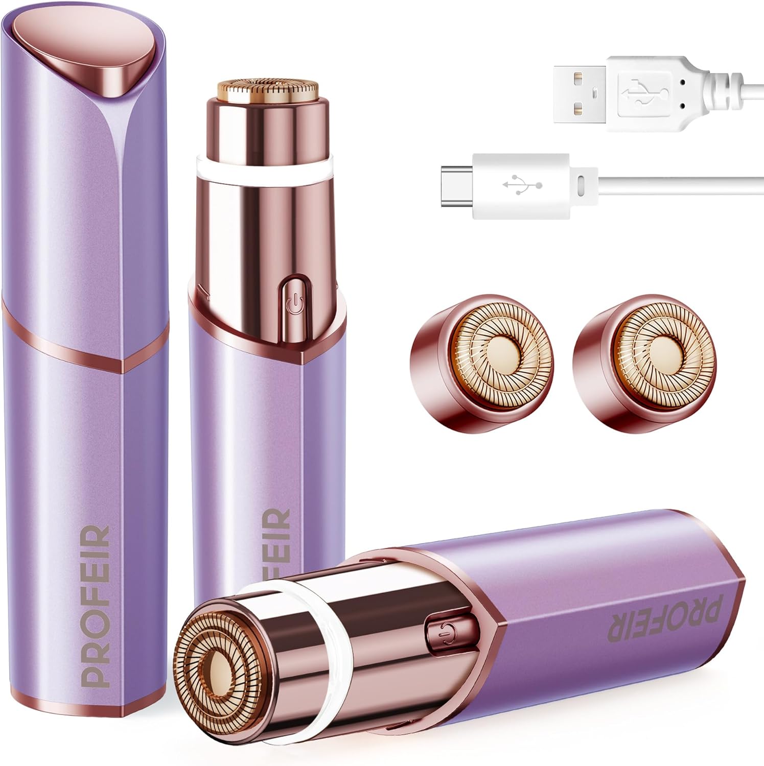 Facial Hair Removal for Women: Electric Razor for Smooth Skin Painless Trimmer Rechargeable Shaver for Upper Lip Peach Fuzz Chin Pocs Hair at Home Travel with 2 Replacement Heads(Purple)