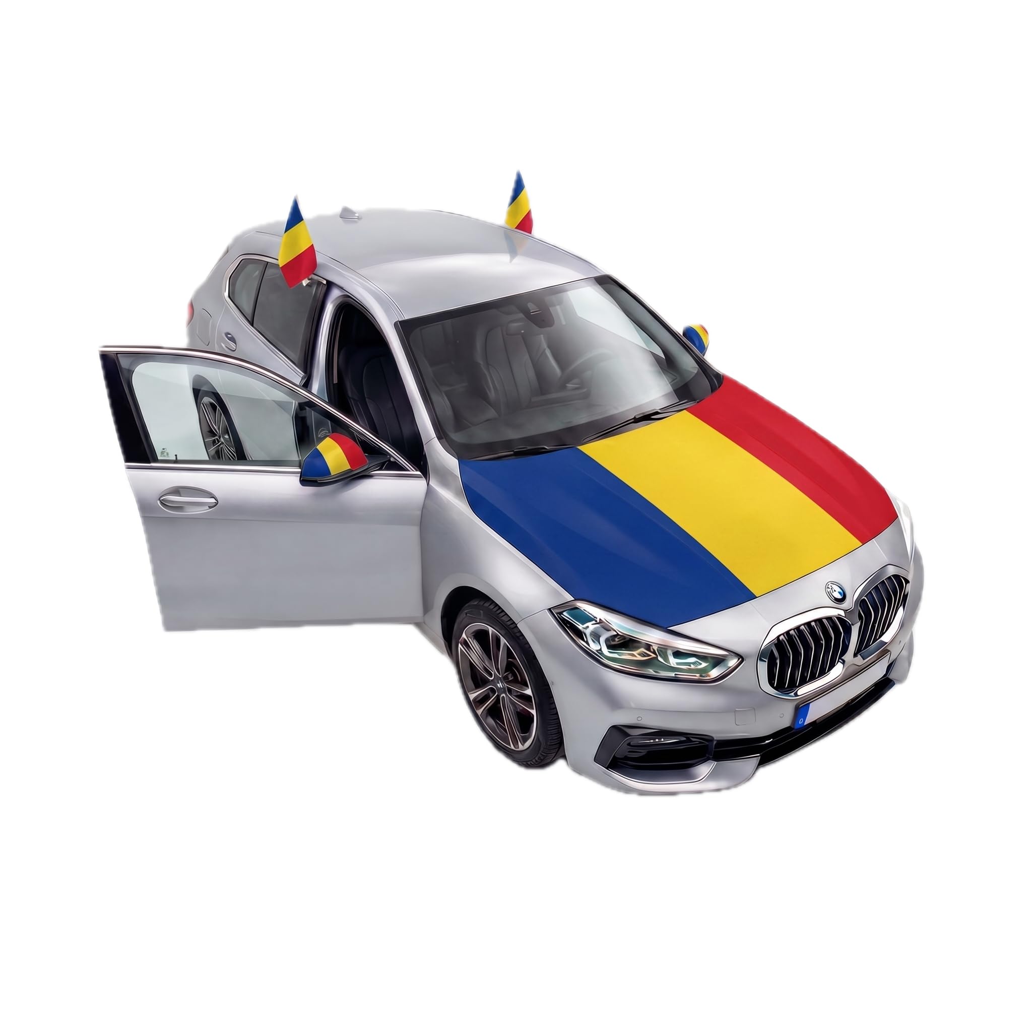 Auto Fahnen Rumänien Komplett Set - Motorhaubenfahne, 2 Autofahnen Fenster & 2 Außenspiegelfahnen, Fußball Fanartikel FZG für EM & WM, Rumänische Flagge Fahrzeug Deko