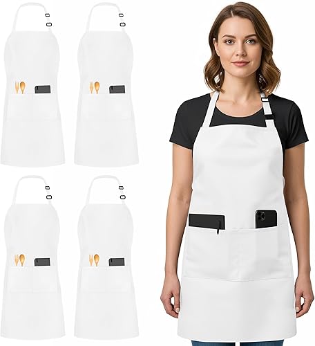 Miniatura 9 de Utopia Kitchen Paquete de 4 delantales ajustables con 2 bolsillos, resistente al agua y al aceite, delantal de chef de cocina para mujeres y hombres